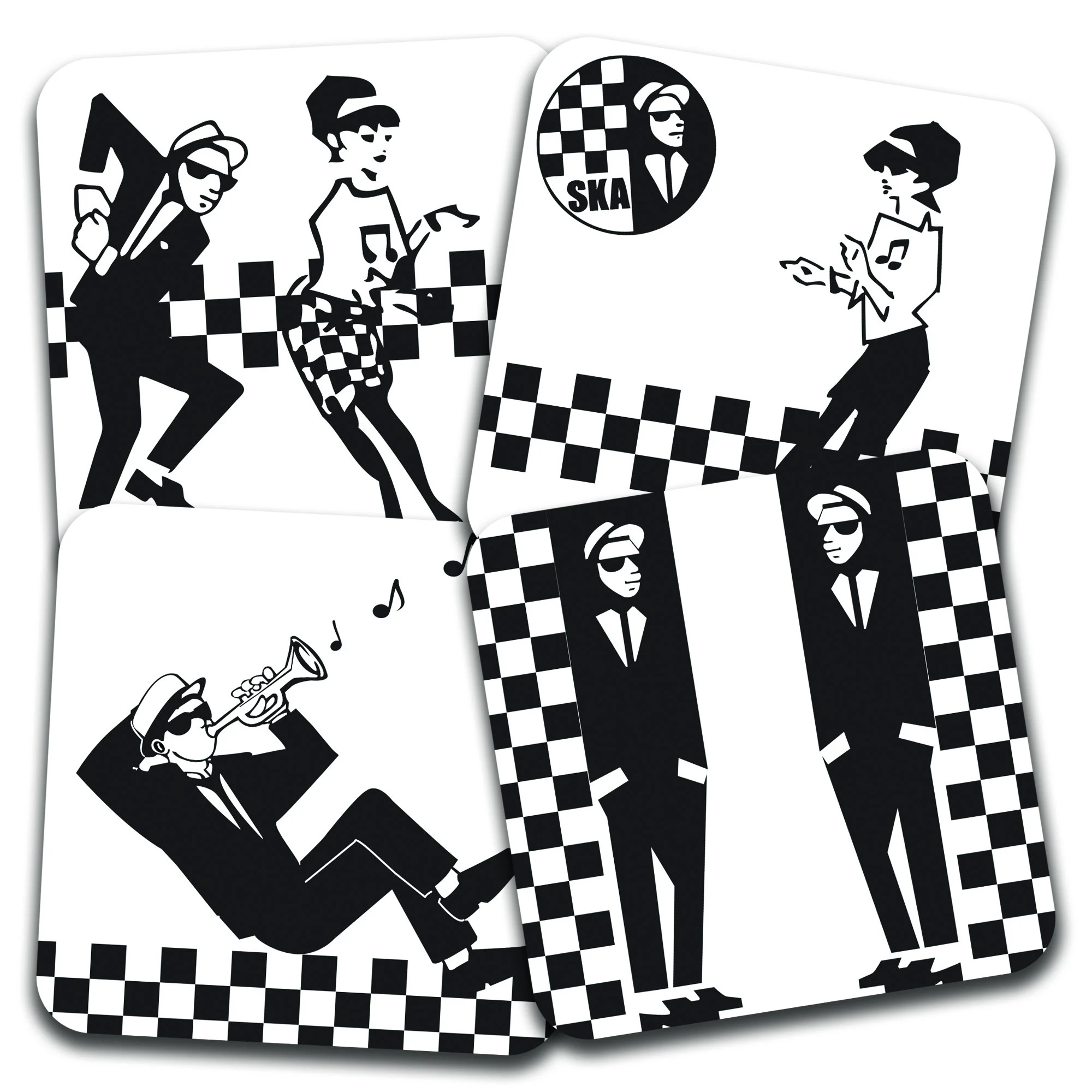 Set of 4 Ska Themed 95mm Square Cork Backed Coasters